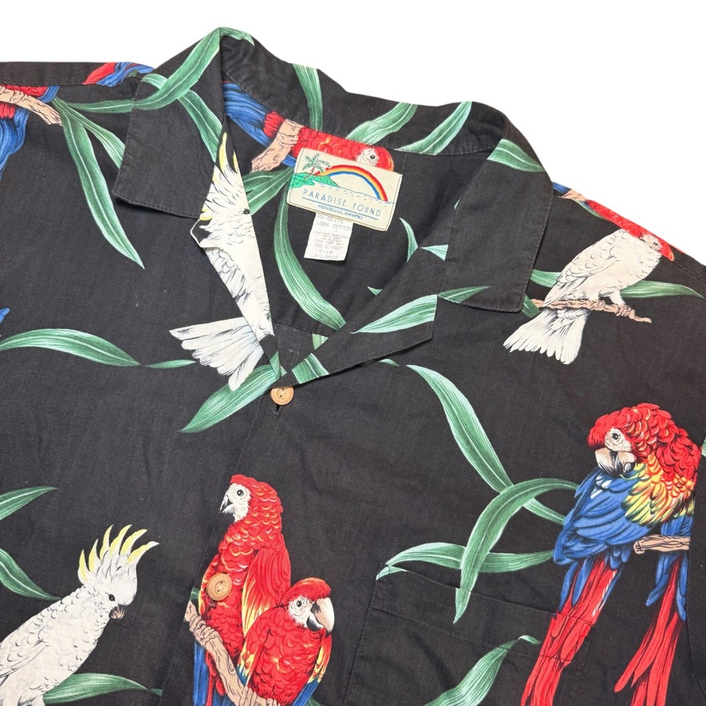 VTG Paradise Found Hawaiian Shirt Mens XL Black Cotton Parrot Cockatoo Hawaii